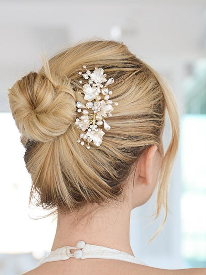 Painted Gold Leaves, Freshwater Pearls and Crystal Hair Comb 