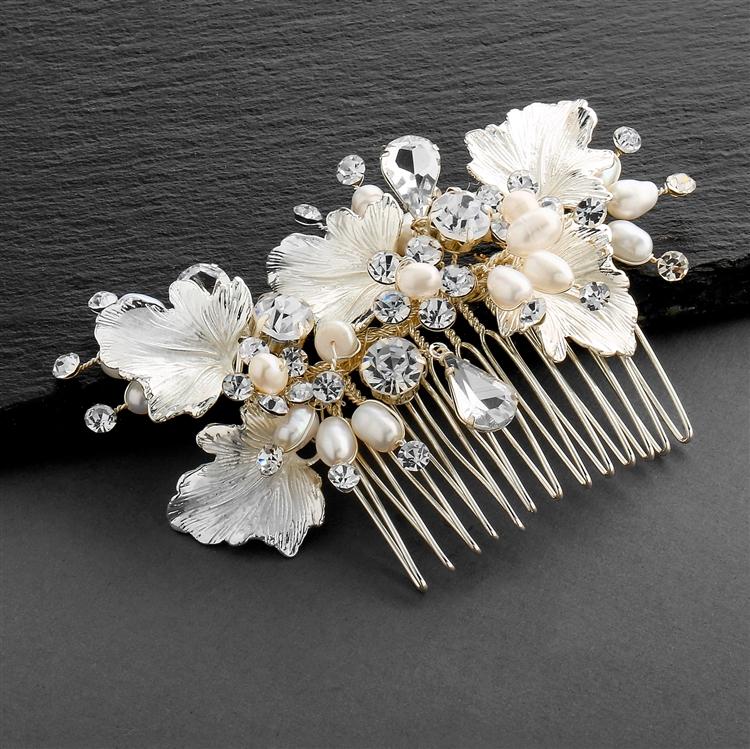 Painted Gold Leaves, Freshwater Pearls and Crystal Hair Comb 