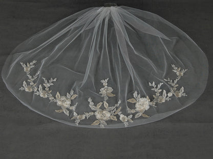 Gold and Silver Embroidered Floral Lace Fingertip Wedding Veil