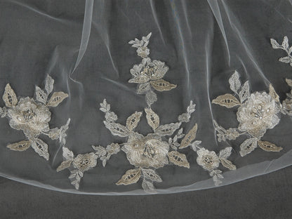 Gold and Silver Embroidered Floral Lace Fingertip Wedding Veil