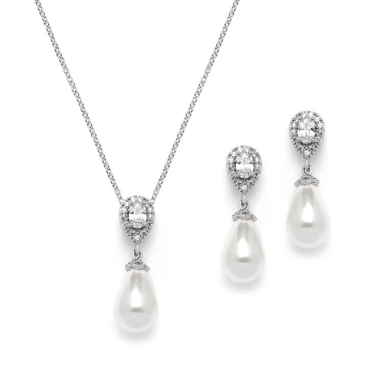 Cubic Zirconia and Ivory Teardrop Pearl Wedding Jewelry Set