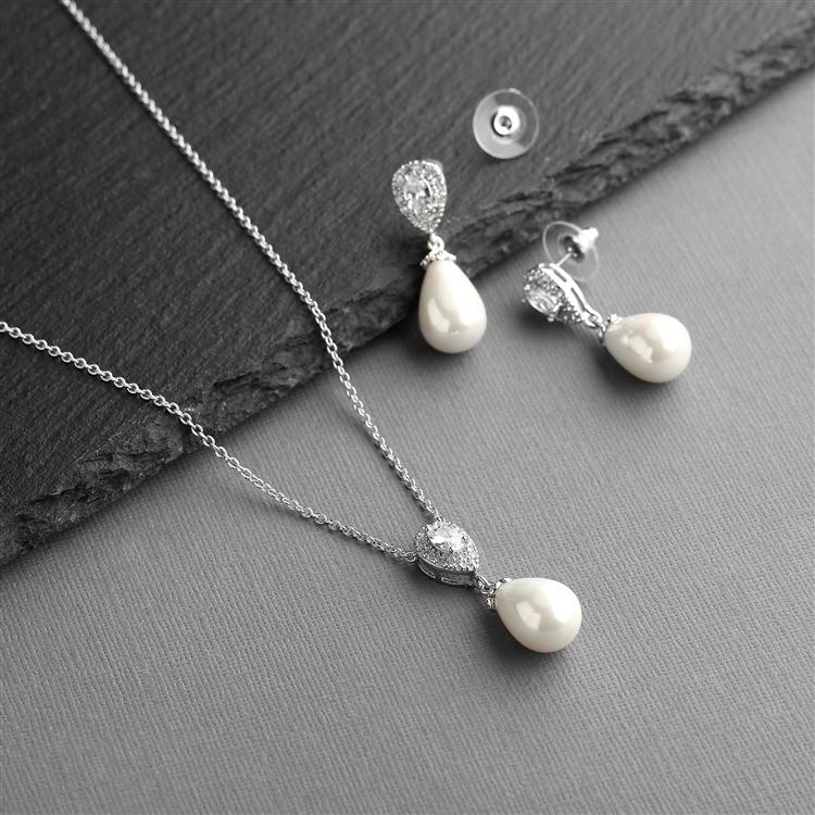 Cubic Zirconia and Ivory Teardrop Pearl Wedding Jewelry Set
