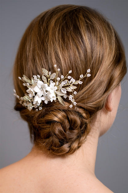 White Resin Flowers, Crystals & Pearl Sprays Gold Comb