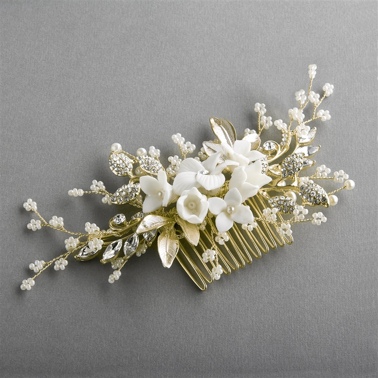 White Resin Flowers, Crystals & Pearl Sprays Gold Comb