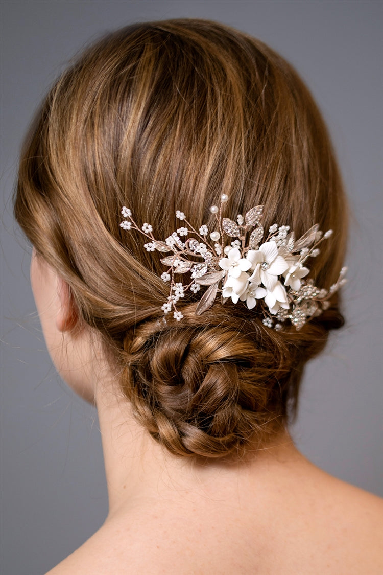 Light Rose, White Resin Flowers, Crystals & Pearl Sprays Rose Gold Hair Comb