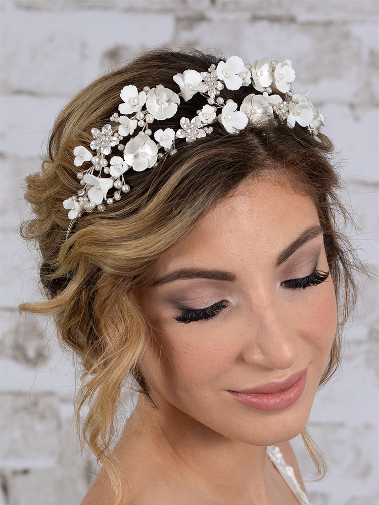 Tiara Wedding Crown with Soft Ivory Resin Florals & Matte Silver Flowers