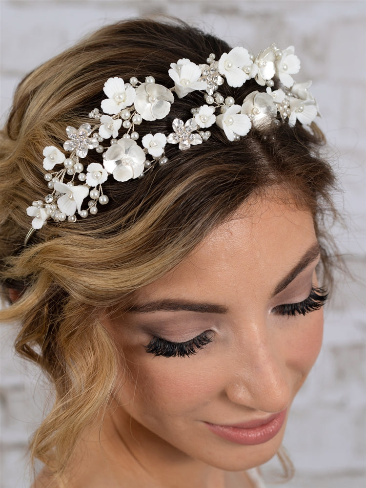 Tiara Wedding Crown with Soft Ivory Resin Florals & Matte Silver Flowers