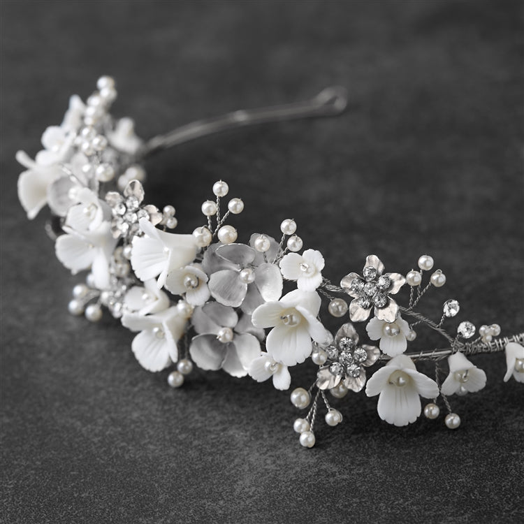 Tiara Wedding Crown with Soft Ivory Resin Florals & Matte Silver Flowers