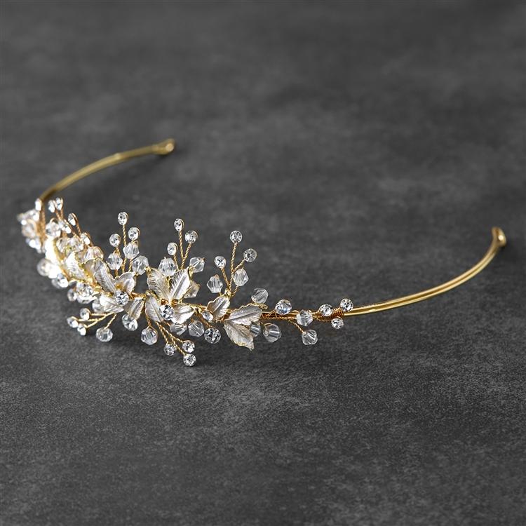 Crystals and Hand Painted Silvery Gold Leaves Bridal Tiara