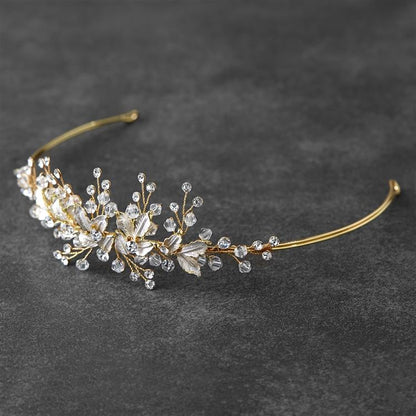 Crystals and Hand Painted Silvery Gold Leaves Bridal Tiara