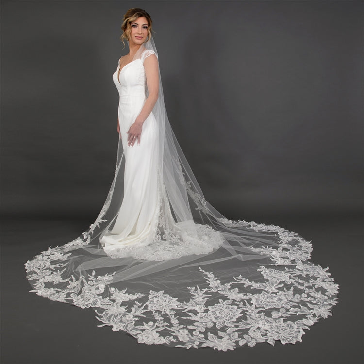 Wide Crystal & Sequin Lace Appliqué Royal Cathedral Veil