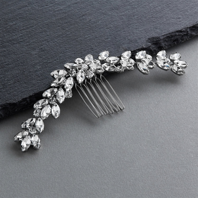 Silver Hair Comb with Curved Marquis Crystals