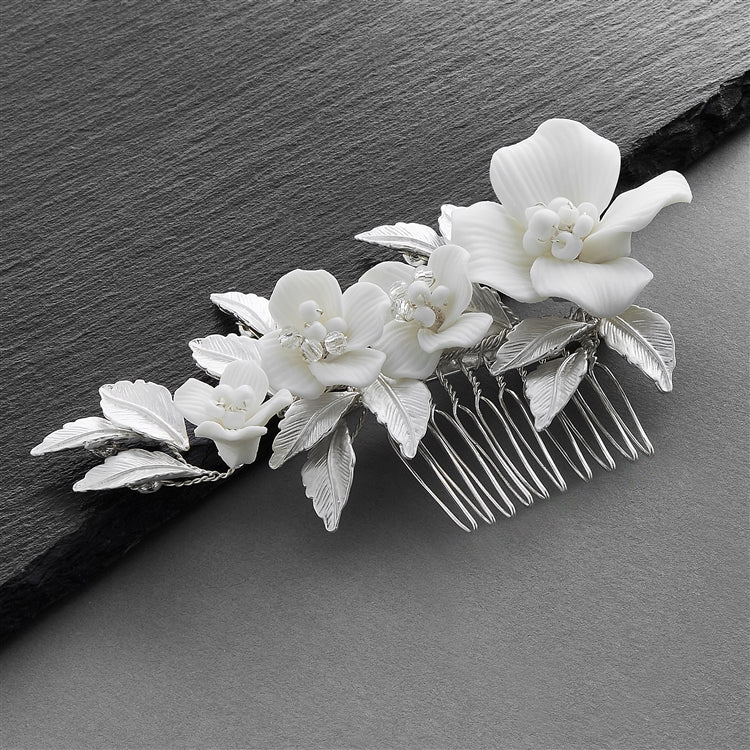 Off-White Resin Flowers, Crystals and Matte Silver Leaves Hair Comb 