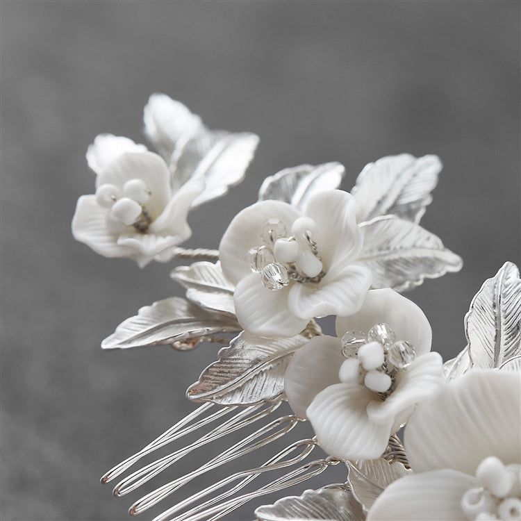 Off-White Resin Flowers, Crystals and Matte Silver Leaves Hair Comb