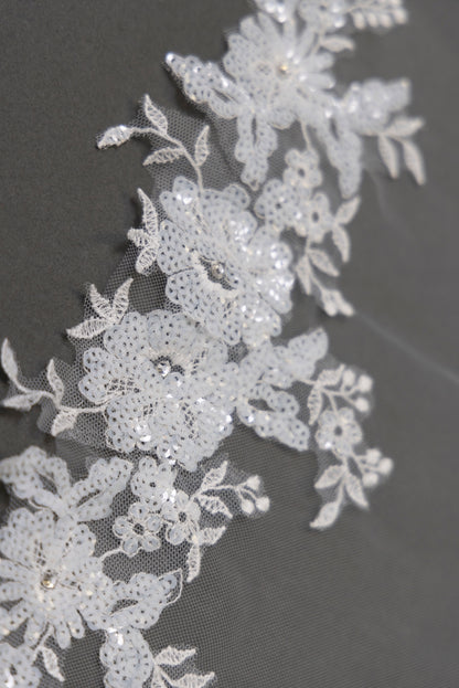 Sequin Floral Lace Edge - 42" Long Fingertip Sheer Veil