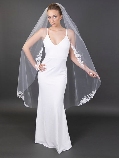 Floral Lace Appliques 60" Ivory Waltz Length Cut Edge Veil