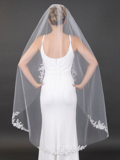 Floral Lace Appliques 60" Ivory Waltz Length Cut Edge Veil