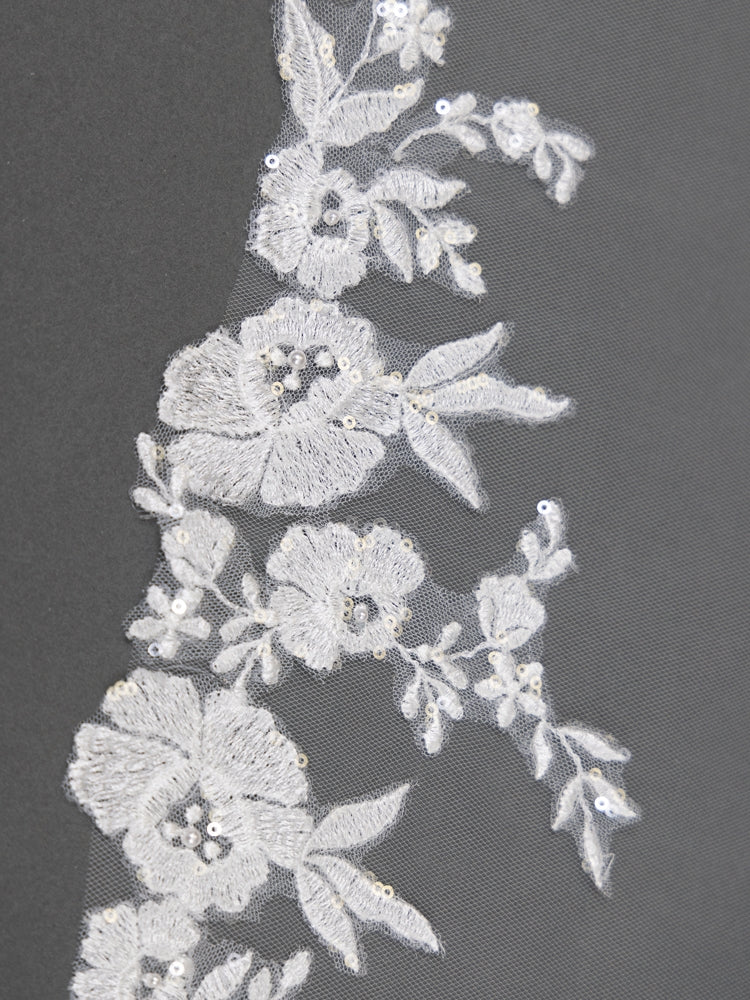 Floral Lace Appliques 60" Ivory Waltz Length Cut Edge Veil