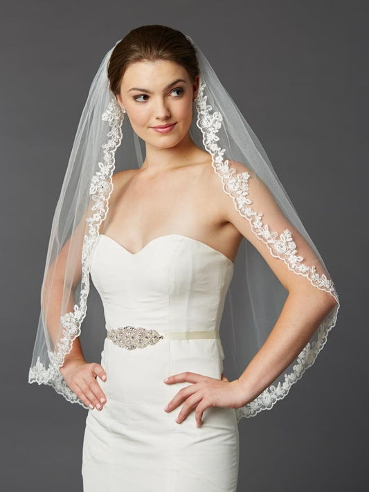 Crystal & Beads Scalloped Lace Fingertip Mantilla Veil