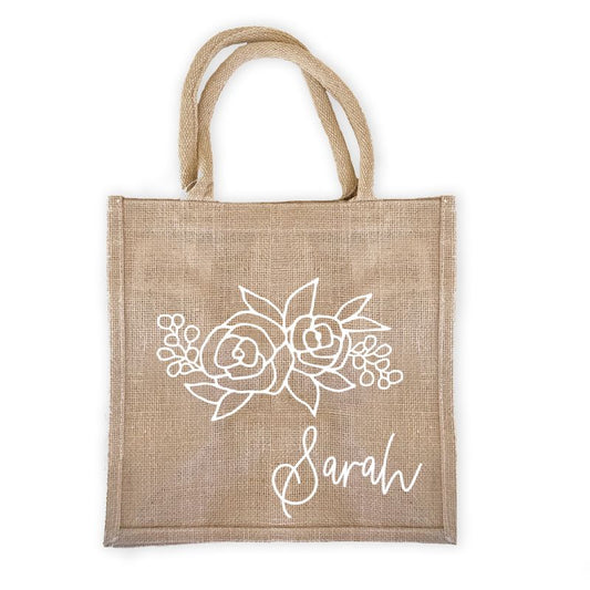 Personalized Floral Silhouette Burlap Tote