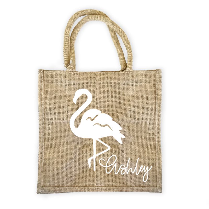 Personalized Flamingo Burlap Tote