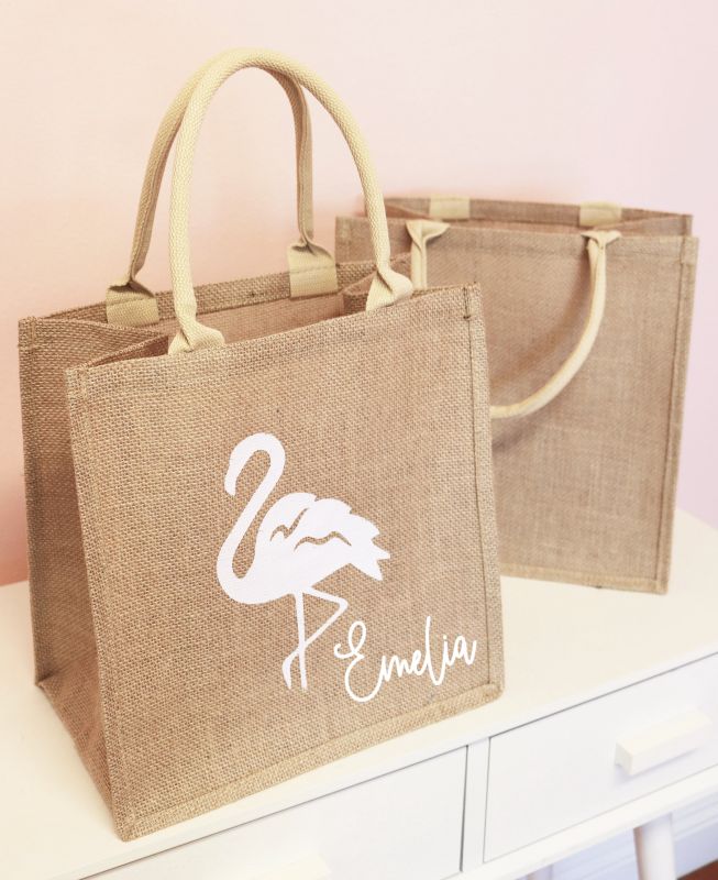 Personalized Flamingo Burlap Tote