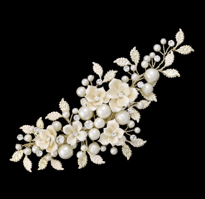 "Evie" Flower, Leaf and Pearl Hair Clip