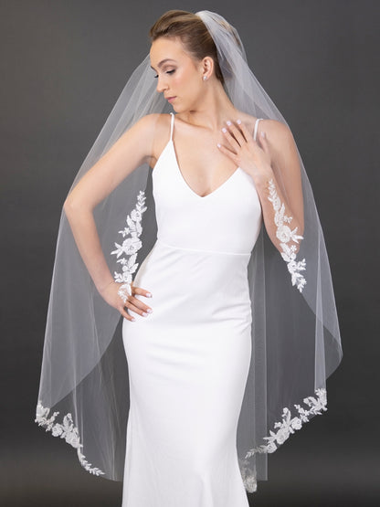 Floral Lace Appliques 60" Ivory Waltz Length Cut Edge Veil