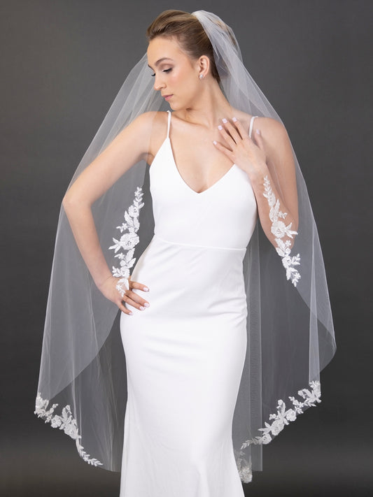 Floral Lace Appliques 60" Ivory Waltz Length Cut Edge Veil