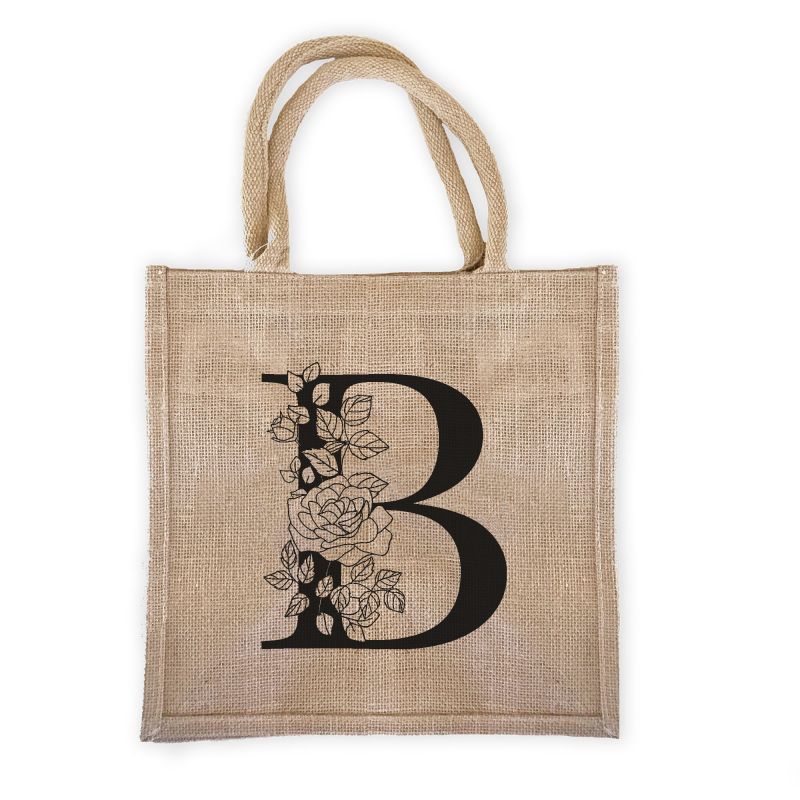 Floral Monogram Burlap Tote Bag
