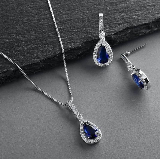 "Something Blue" Sapphire CZ Pear Shaped Necklace and Earrings Set