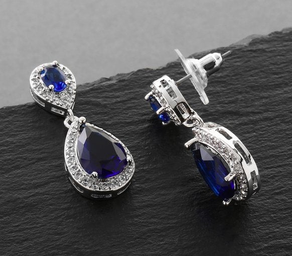 Sapphire Cubic Zirconia Teardrop Wedding or Bridesmaids Earrings