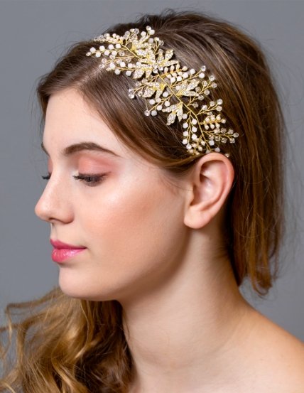 Bridal Hair Vine with Gold Leaves - Antique Gold Ribbon
