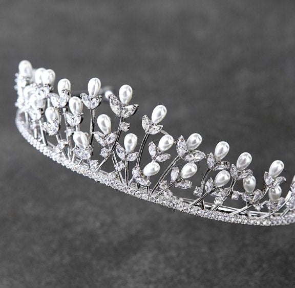 Regal Cubic Zirconia and Pearl Wedding Tiara Bridal Crown