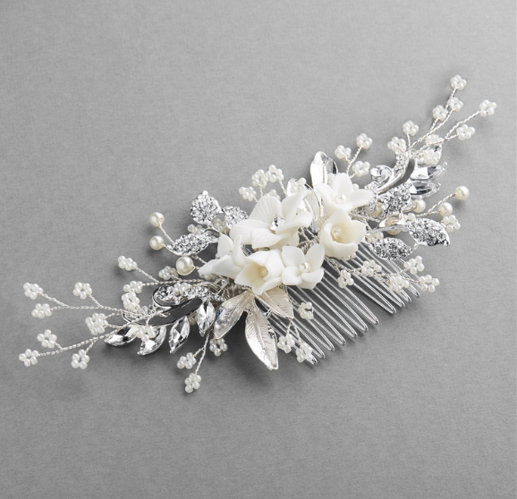 White Resin Flowers, Crystals and Dainty Pearl Sprays Hair Comb