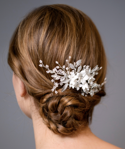 White Resin Flowers, Crystals and Dainty Pearl Sprays Hair Comb