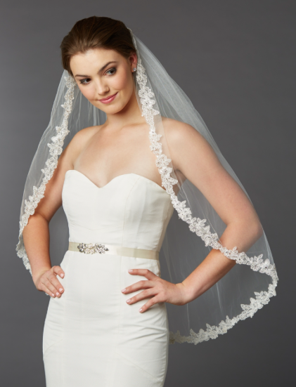 Fingertip Length Mantilla Wedding Veil with Beaded Lace Trim