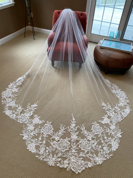 Wide Crystal & Sequin Lace Appliqué Cathedral Veil