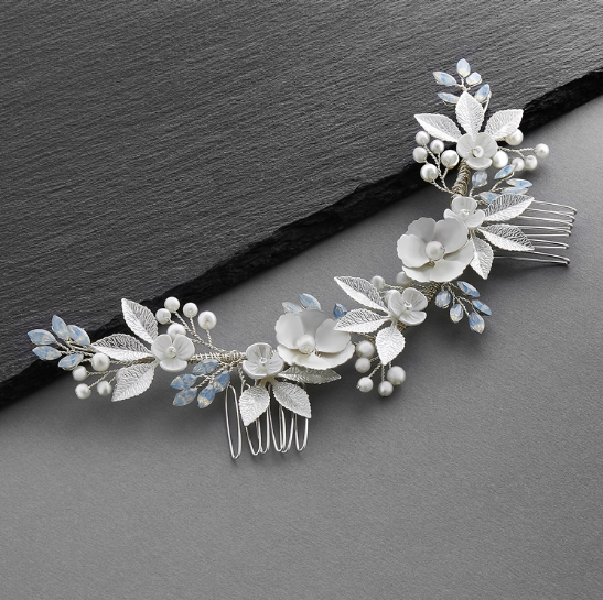 Opals, Silver Enamel Metal Flowers & Ivory Shell Blossoms Hair Comb Vine