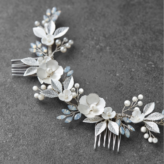 Opals, Silver Enamel Metal Flowers & Ivory Shell Blossoms Hair Comb Vine