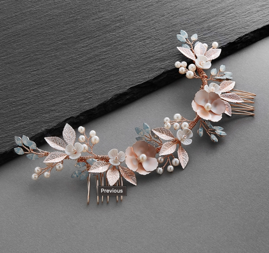 Light Rose Gold Hair Comb Vine with Opals, Blush Metal Flowers & Ivory Shell Blossoms