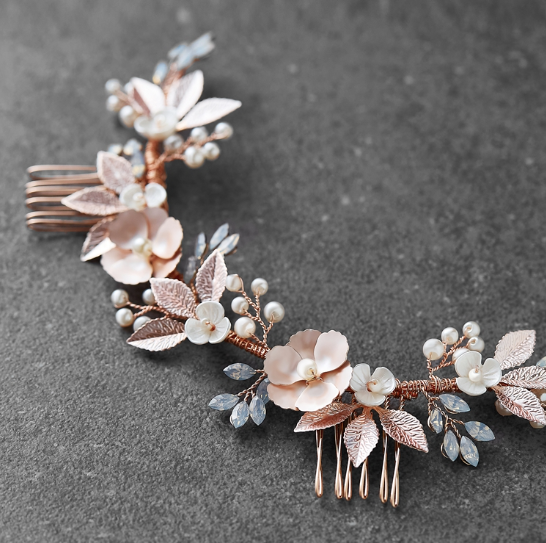 Light Rose Gold Hair Comb Vine with Opals, Blush Metal Flowers & Ivory Shell Blossoms