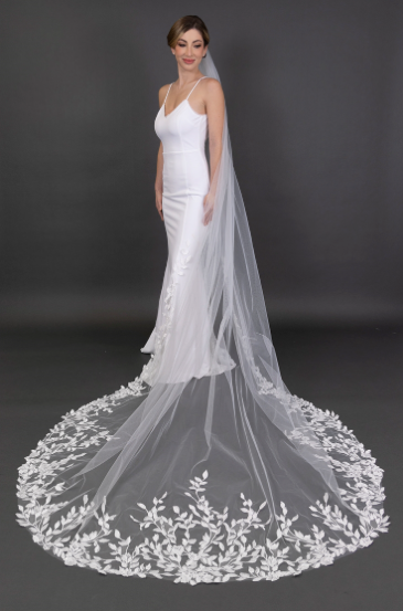 Glistening Lace Petal & Leaf Appliqués 108" Cathedral Veil 