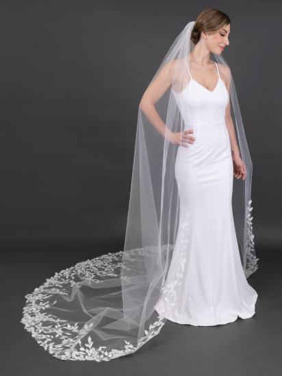 Glistening Lace Petal & Leaf Appliqués 108" Cathedral Veil