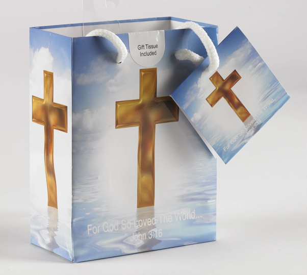 Gold Cross Religious Gift Bag with Tissue Set of 14