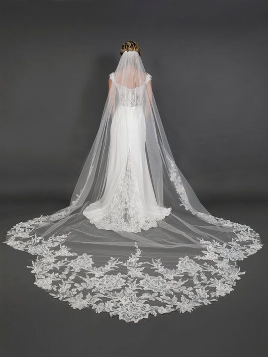 Wide Crystal & Sequin Lace Appliqué Royal Cathedral Veil