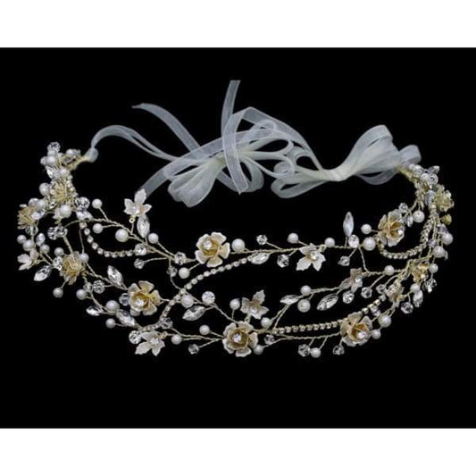 Headpiece: Rhinestone Pearl & Crystal with Chiffon Ribbon (15L) - Bridal head Band