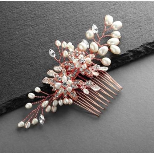 Rose Gold, Freshwater Pearl and Crystal Leaves Hair Comb