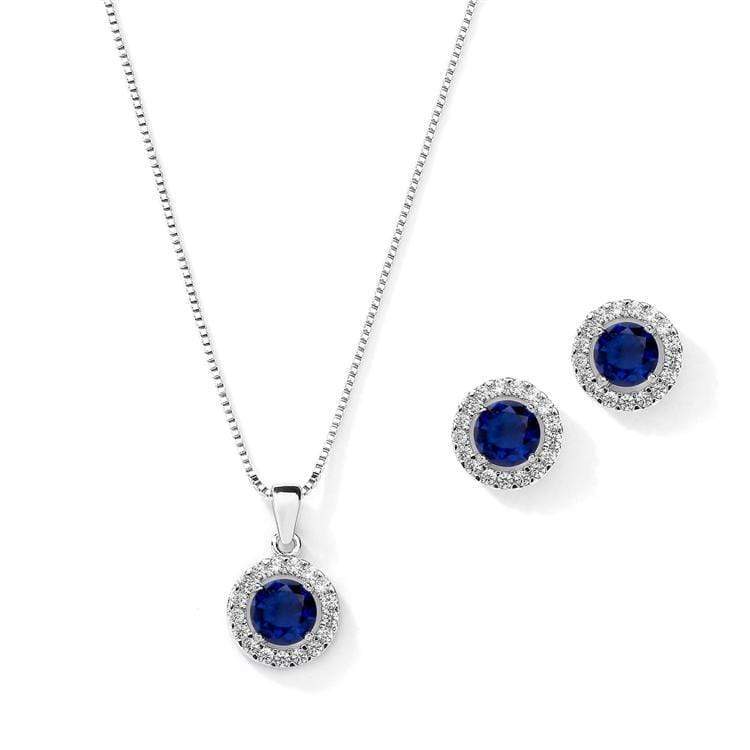 Sapphire Cubic Zirconia Round Halo Necklace and Earring Set